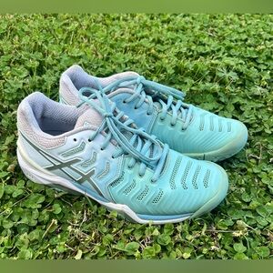 ASICS Gel Resolution 7 Woman’s Blue & White Running Outdoor Shoes Size 8